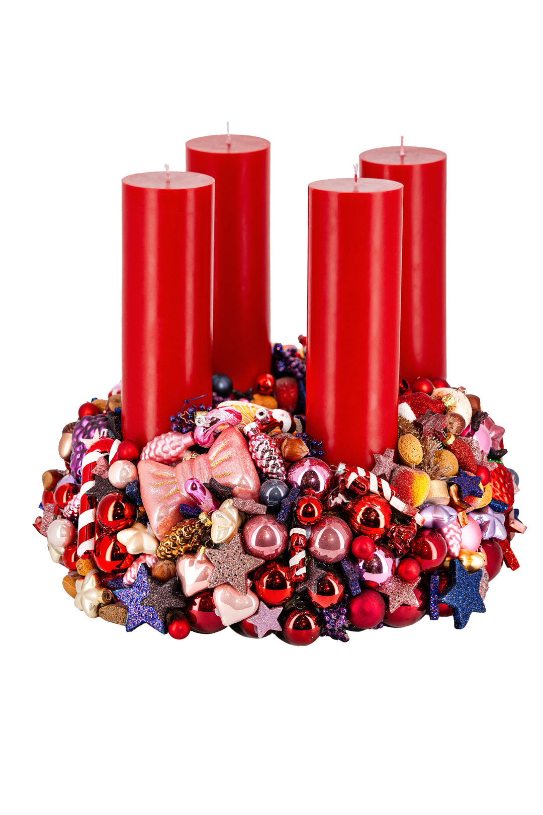 handgefertigter luxus Adventskranz mehrjährig einsetzbar glaskugeln weihnachtsdeko bahlmann münchen Luxus rot pink violett üppig luxery ueppig