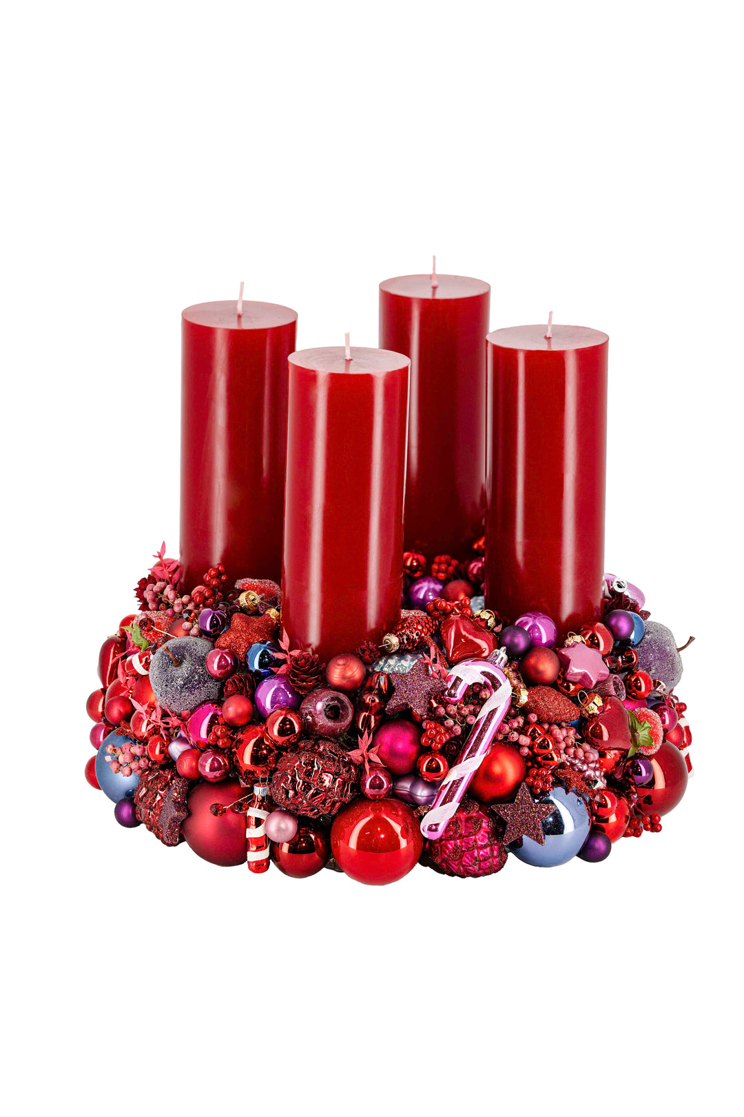 handgefertigter Adventskranz mehrjährig einsetzbar glaskugeln weihnachtsdeko bahlmann münchen rot bordeaux blau