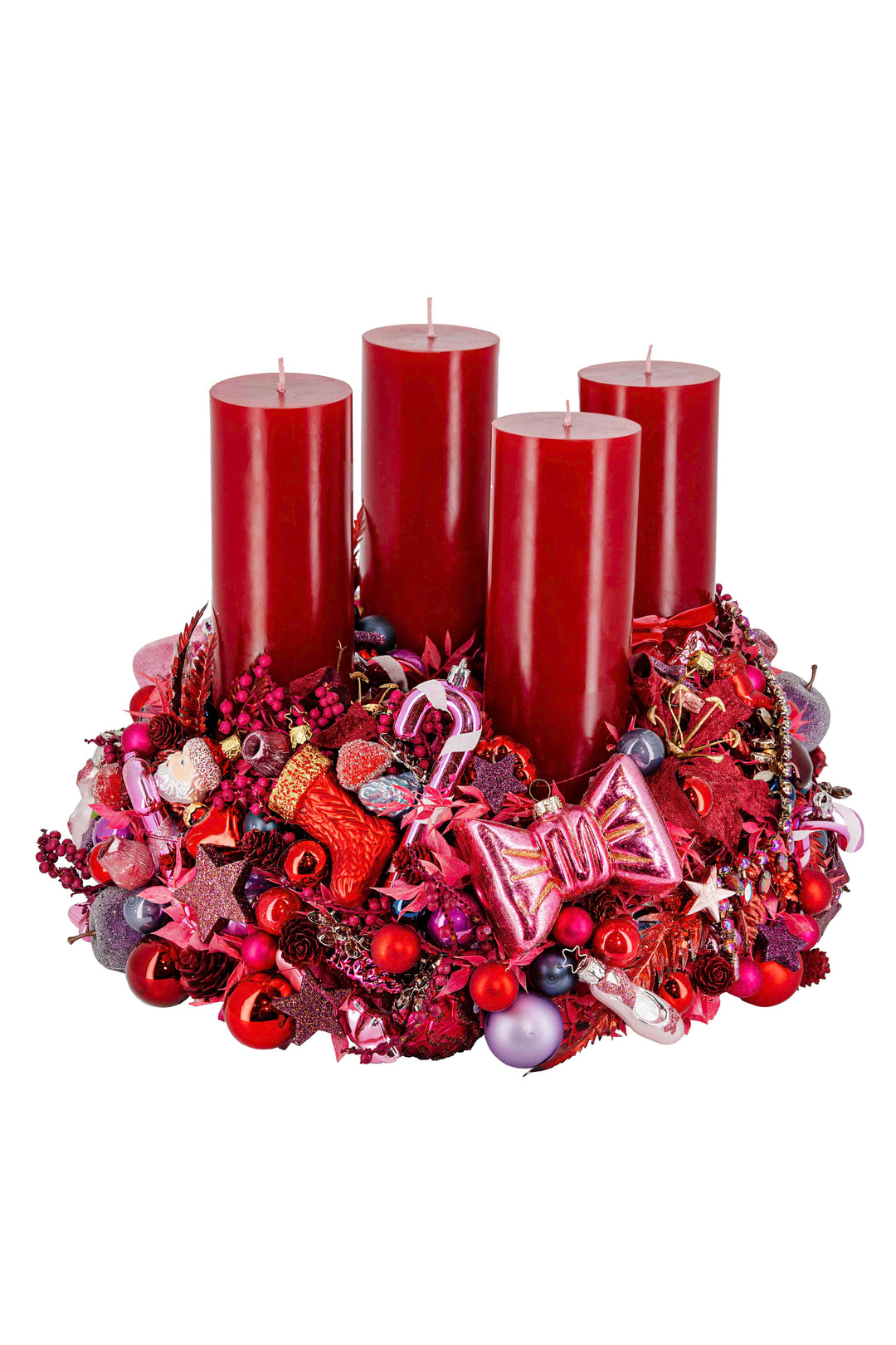handgefertigter Adventskranz mehrjährig einsetzbar glaskugeln weihnachtsdeko bahlmann münchen Luxus rot pink violett üppig luxery ueppig