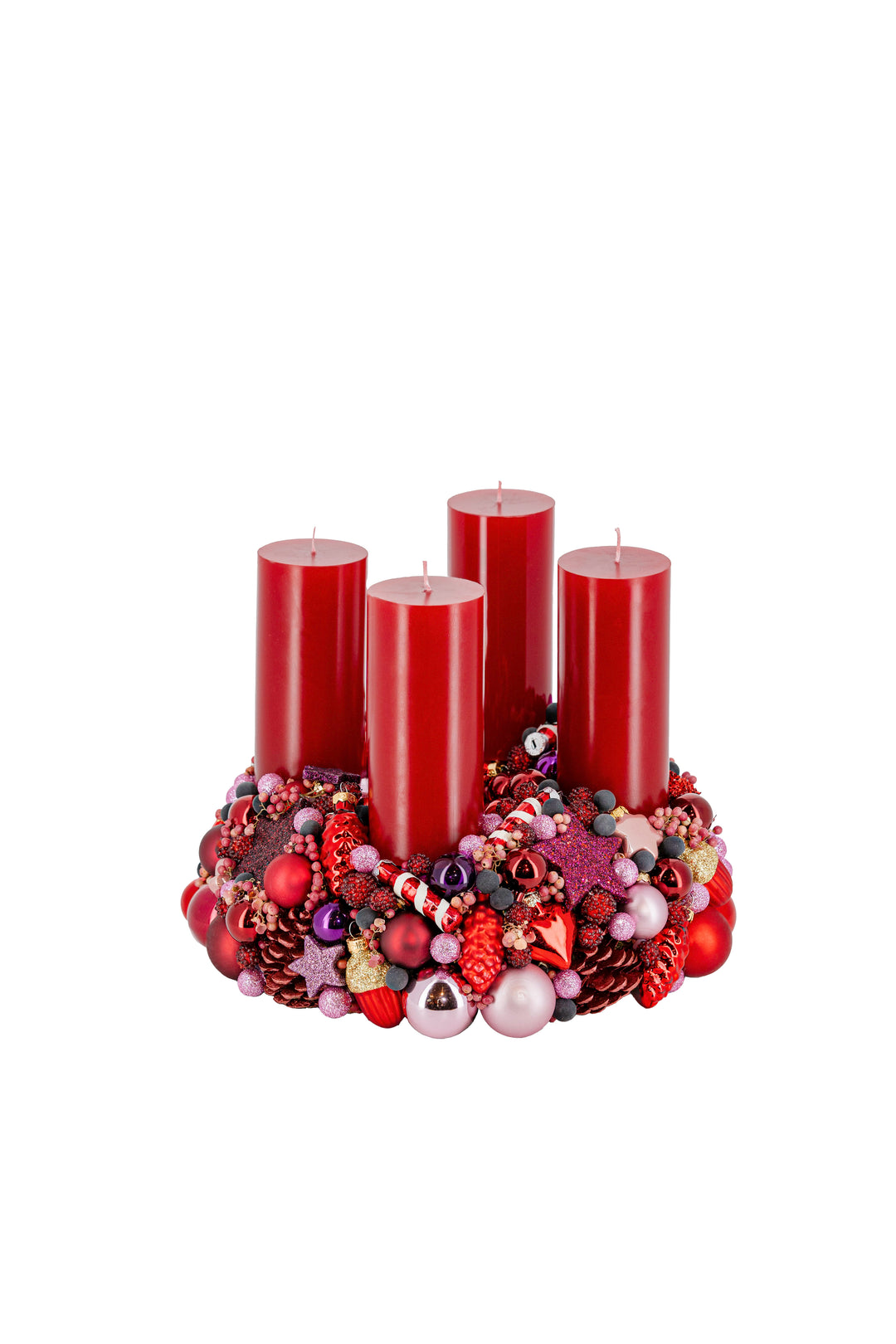 handgefertigter Adventskranz mehrjährig einsetzbar glaskugeln weihnachtsdeko bahlmann münchen Luxus rot pink violett flieder kleiner Kranz