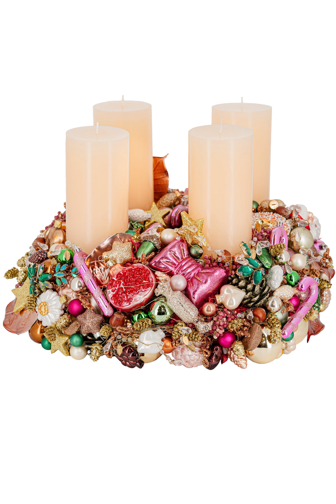 handgefertigter Adventskranz mehrjährig einsetzbar glaskugeln weihnachtsdeko bahlmann münchen creme-weiss