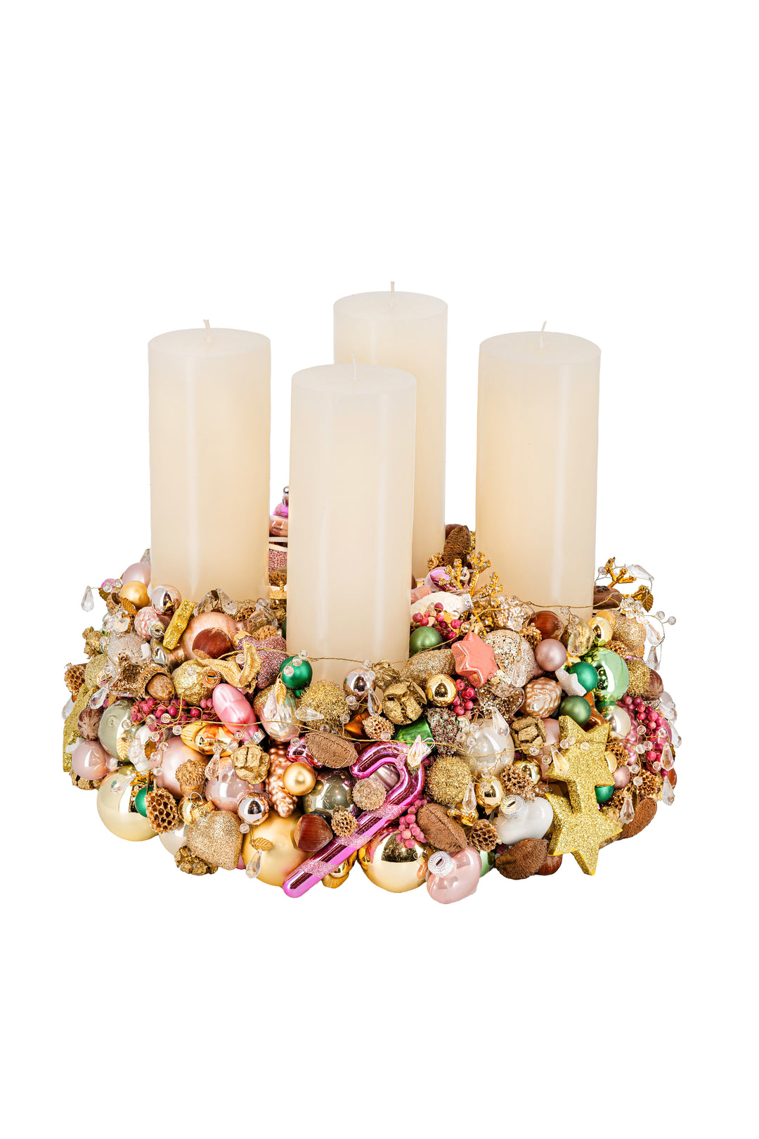 handgefertigter luxus Adventskranz mehrjährig einsetzbar glaskugeln weihnachtsdeko bahlmann münchen gold rosa violett flieder Glasfiguren