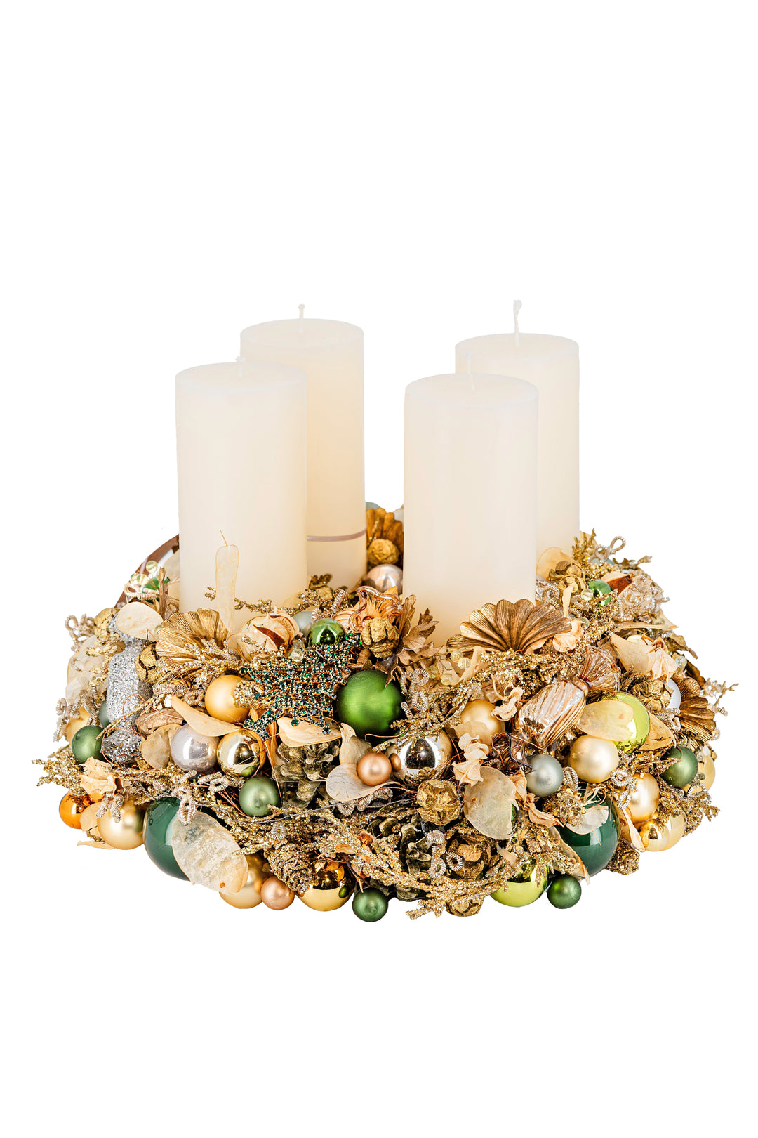 handgefertigter Adventskranz mehrjährig einsetzbar glaskugeln weihnachtsdeko bahlmann münchen gold elegant mit grünen Akzenten