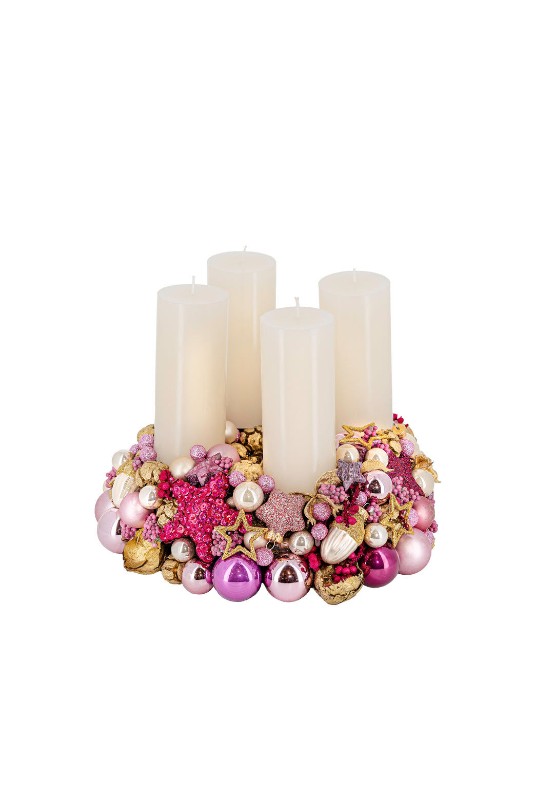 handgefertigter Adventskranz mehrjährig einsetzbar glaskugeln weihnachtsdeko bahlmann münchen Luxus gold pink violett flieder creme Kerzen kleiner Kranz