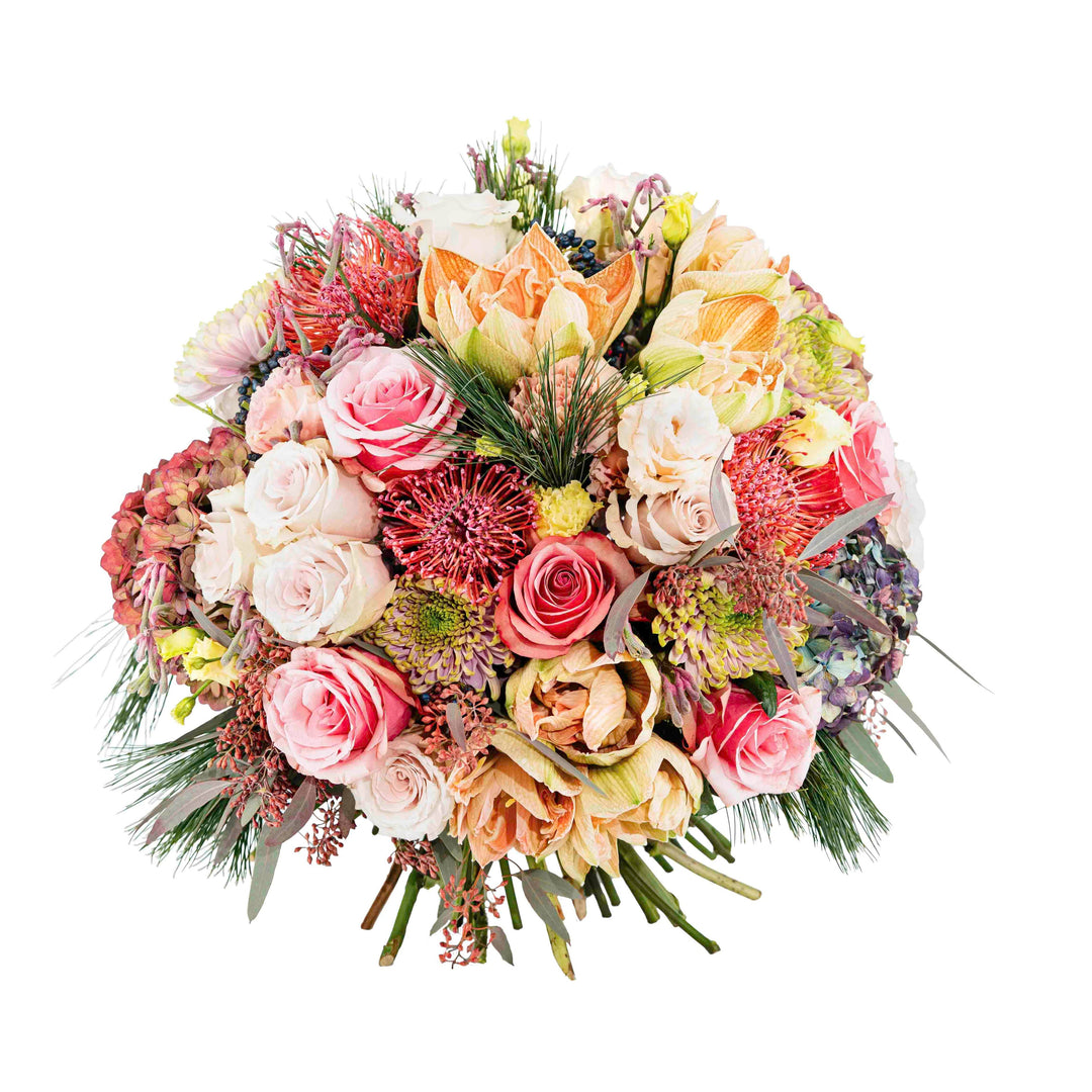 Bringen Sie festlichen Glanz in Ihr Zuhause mit unserem Strauß „Classic Elegance“! Dieser opulente Strauß vereint die zeitlose Schönheit von Amaryllis, zarten Rosen, exotischen Proteas und üppigen Hortensien, ergänzt durch dezentes Wintergrün. Die harmonischen Farben fügen sich perfekt in Ihr festliches Ambiente ein und schaffen eine warme, einladende Atmosphäre, die die Herzen Ihrer Gäste höher schlagen lässt. Blumen Bahlmann München Blumenstrauß Herbst Weihnachten