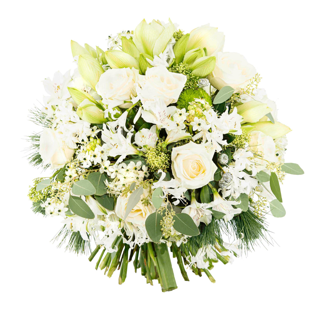 Genießen Sie die elegante Schönheit des Blumenstraußes "Weiße Pracht"! Die hellen Blüten bringen Licht und behagliches Strahlen und dennoch eine warme Atmosphäre in Ihr Zuhause. Ein perfektes Geschenk für sich selbst oder Ihre Liebsten. Strauß mit Amaryllis, Rosen, Nerinen, Eukalyptus Blumen Bahlmann München