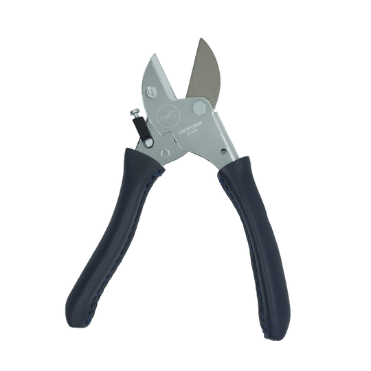 Hochwertige Chop Chop Bloom Gartenschere geöffnet in Blau mit scharfen Klingen und ergonomischem, handgenähtem Ledergriff für präzise Schnitte bei Blumen, Zweigen und Pflanzen im Garten und im Innenbereich. Blumen Bahlmann München