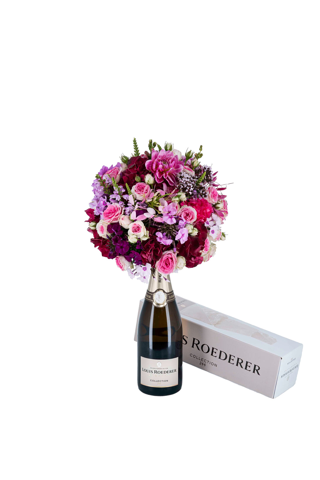 Eine Flasche Champagner von Louis Roederer, die am Korken mit einem wunderschönen Blumengesteck von Blumen Bahlmann verziert wurde und als Geschenk bestellt werden kann.