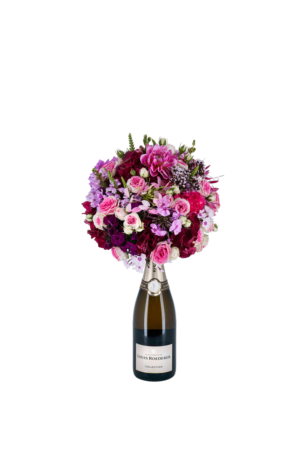 Eine Flasche Champagner von Louis Roederer, die am Korken mit einem wunderschönen Blumengesteck von Blumen Bahlmann verziert wurde und als Geschenk bestellt werden kann.