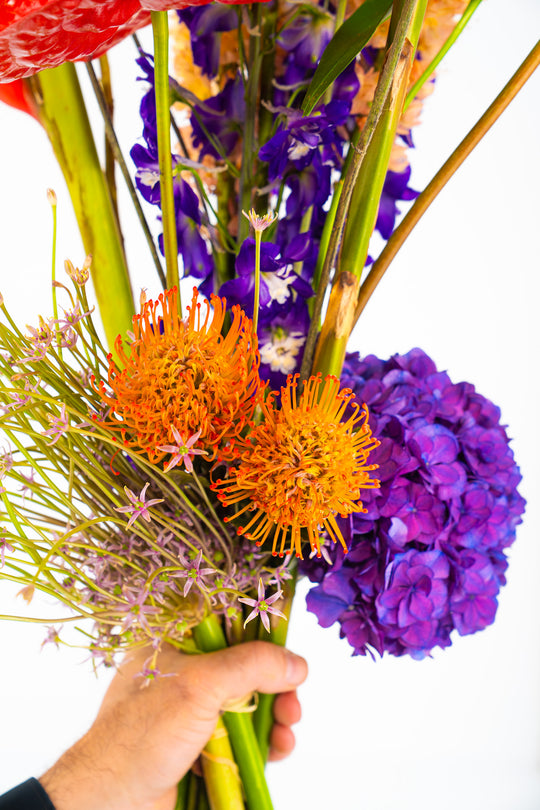 Handgebundener Blumenstrauß "Tropical Fire" mit krätig orange leuchtenden Nadelkissen und Lila Hortensien im Hintergrund, Blumen Bahlmann München
