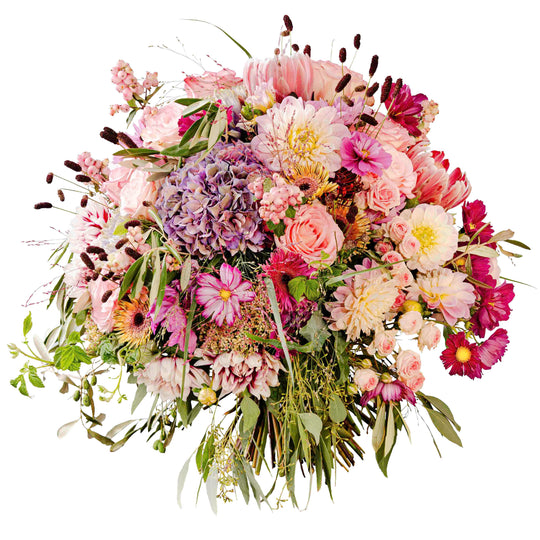 Dieser opulente Strauß spielt mit seiner großen Vielfalt an Farbe und Blumen. Eine solche üppige Pracht können nur unsere Floristenhände gesalten - handarbeit von Blumen Bahlmann Muenchen