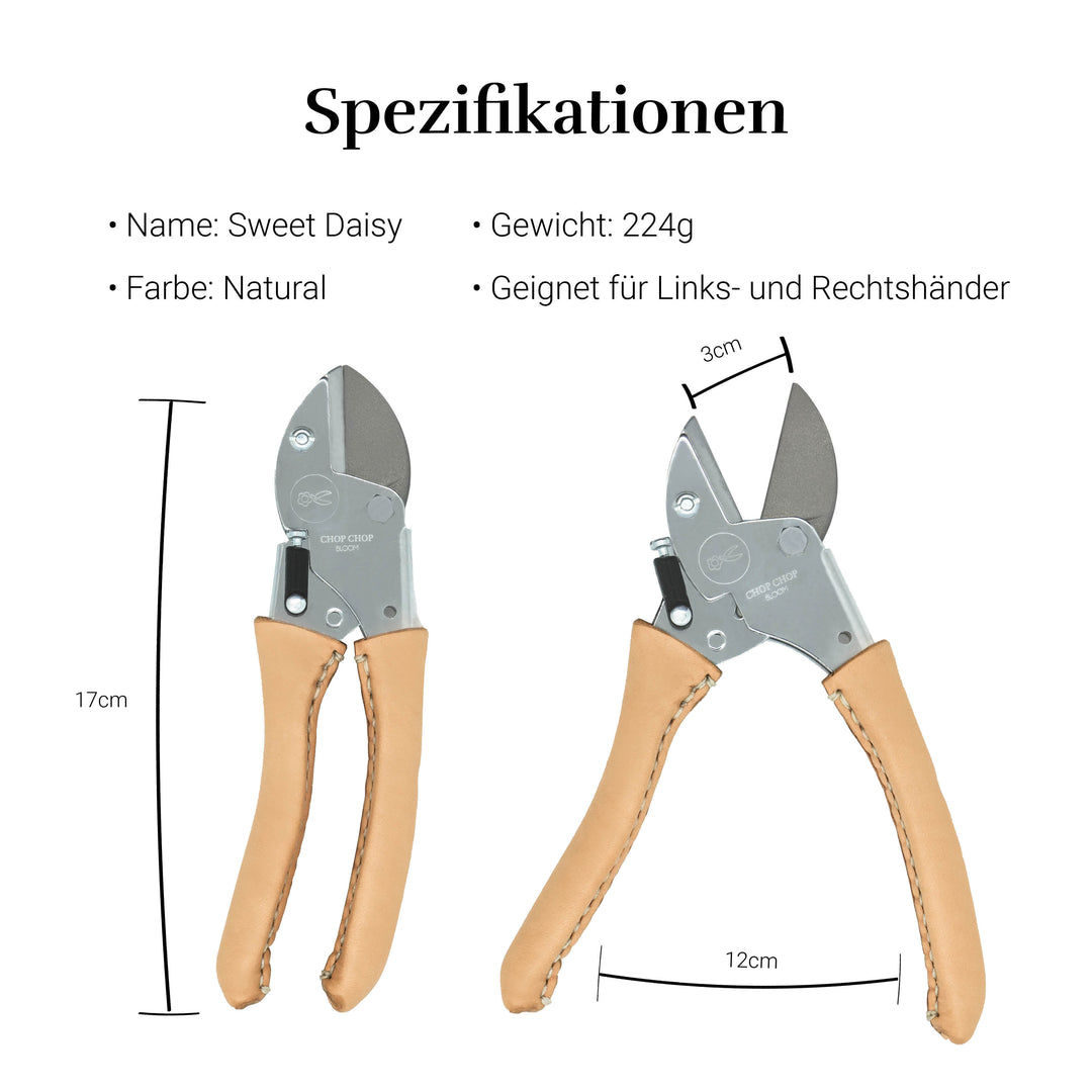 Hochwertige Chop Chop Bloom Gartenschere mit scharfen Klingen und ergonomischem, handgenähtem Ledergriff für präzise Schnitte bei Blumen, Zweigen und Pflanzen im Garten und im Innenbereich. Blumen Bahlmann München