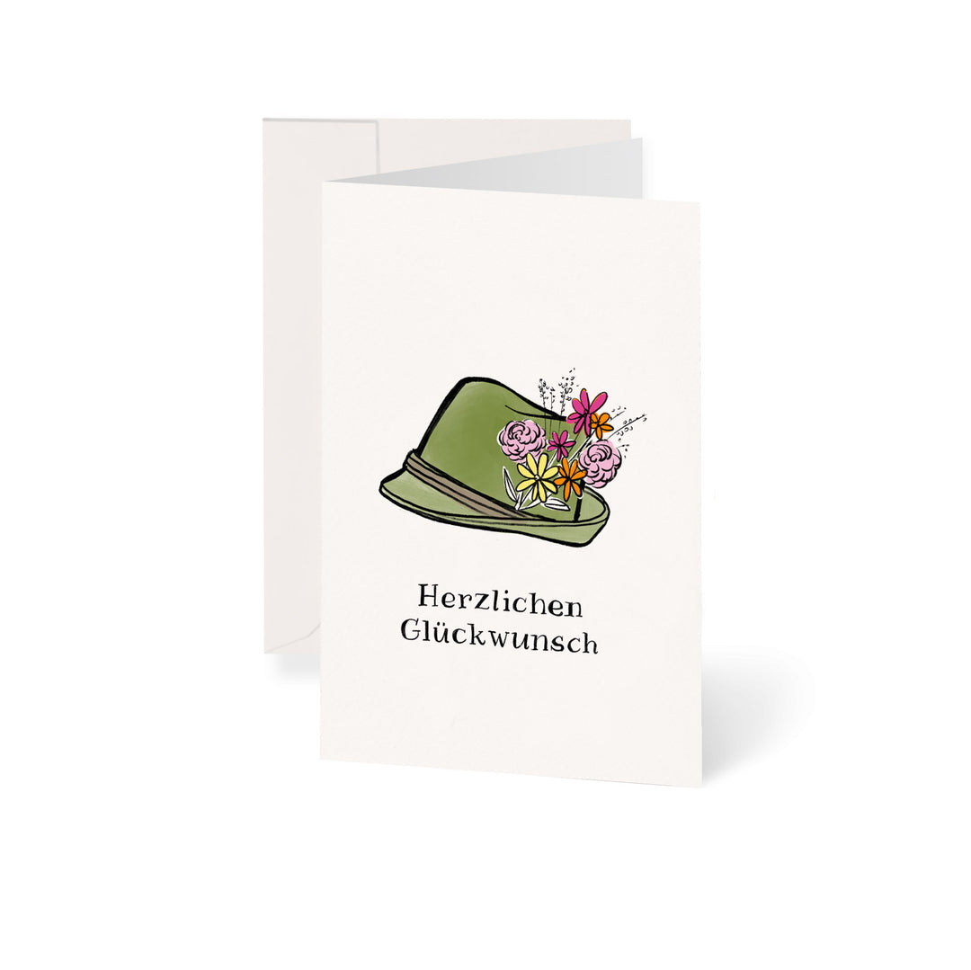Grußkarte Herzlichenglückwunsch mit Trachtenhut. Blumen Bahlmann München