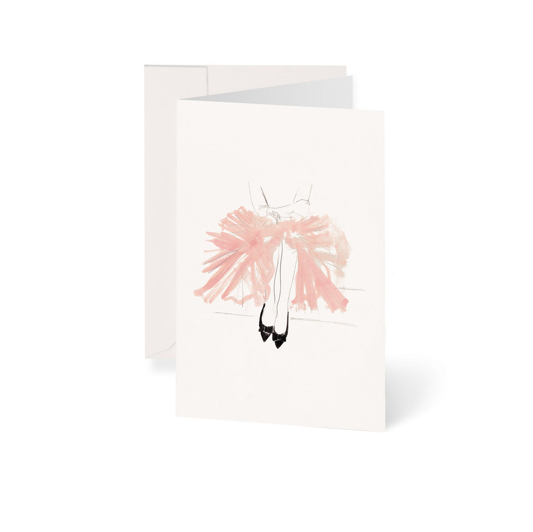Grußkarte von einer Frau die Rosa Tüll und schwarze Schuhe trägt. Blumen Bahlmann München.
