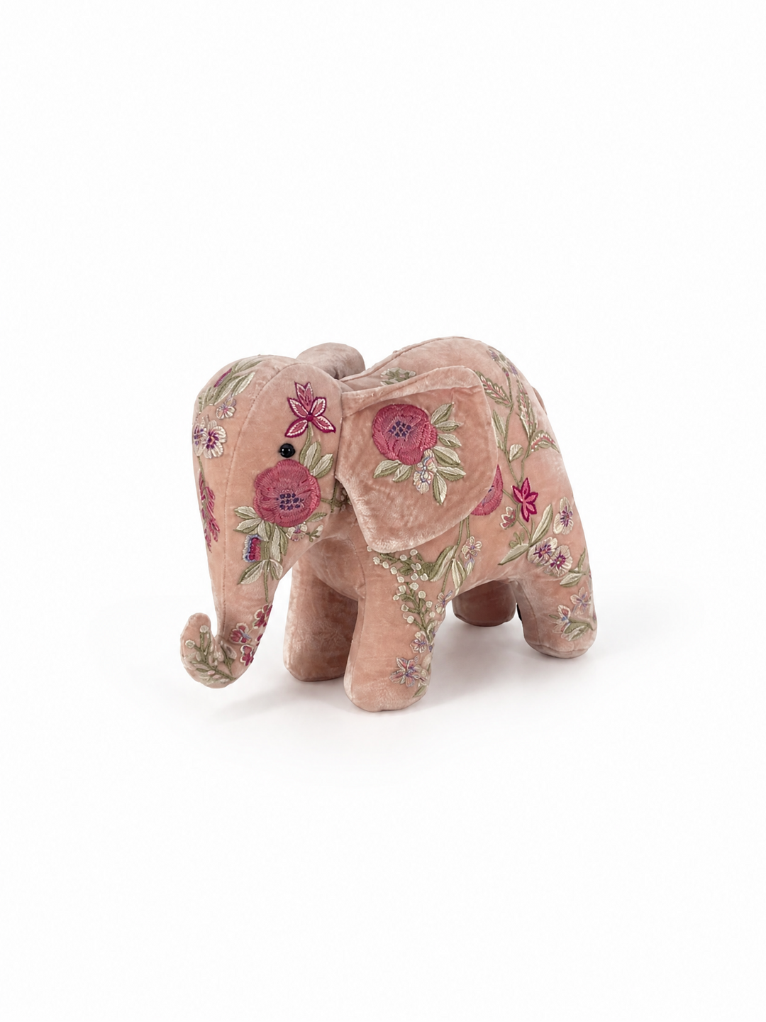 Anke Drechsel Deko-Elefant groß aus quarzrosa Samt mit floraler Stickerei in Rosa und Grün – Blumen Bahlmann München
