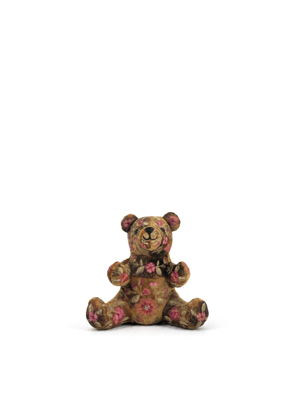 Anke Drechsel Deko-Teddybär groß aus Samt in Braun mit üppiger floraler Stickerei in Rosa – Blumen Bahlmann München