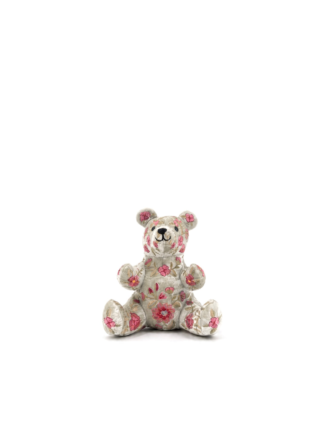 Anke Drechsel Deko-Teddybär groß aus Samt in Blaugrau mit floraler Stickerei in Rosa – Blumen Bahlmann München