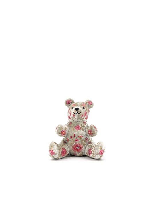 Anke Drechsel Deko-Teddybär groß aus Samt in Blaugrau mit floraler Stickerei in Rosa – Blumen Bahlmann München
