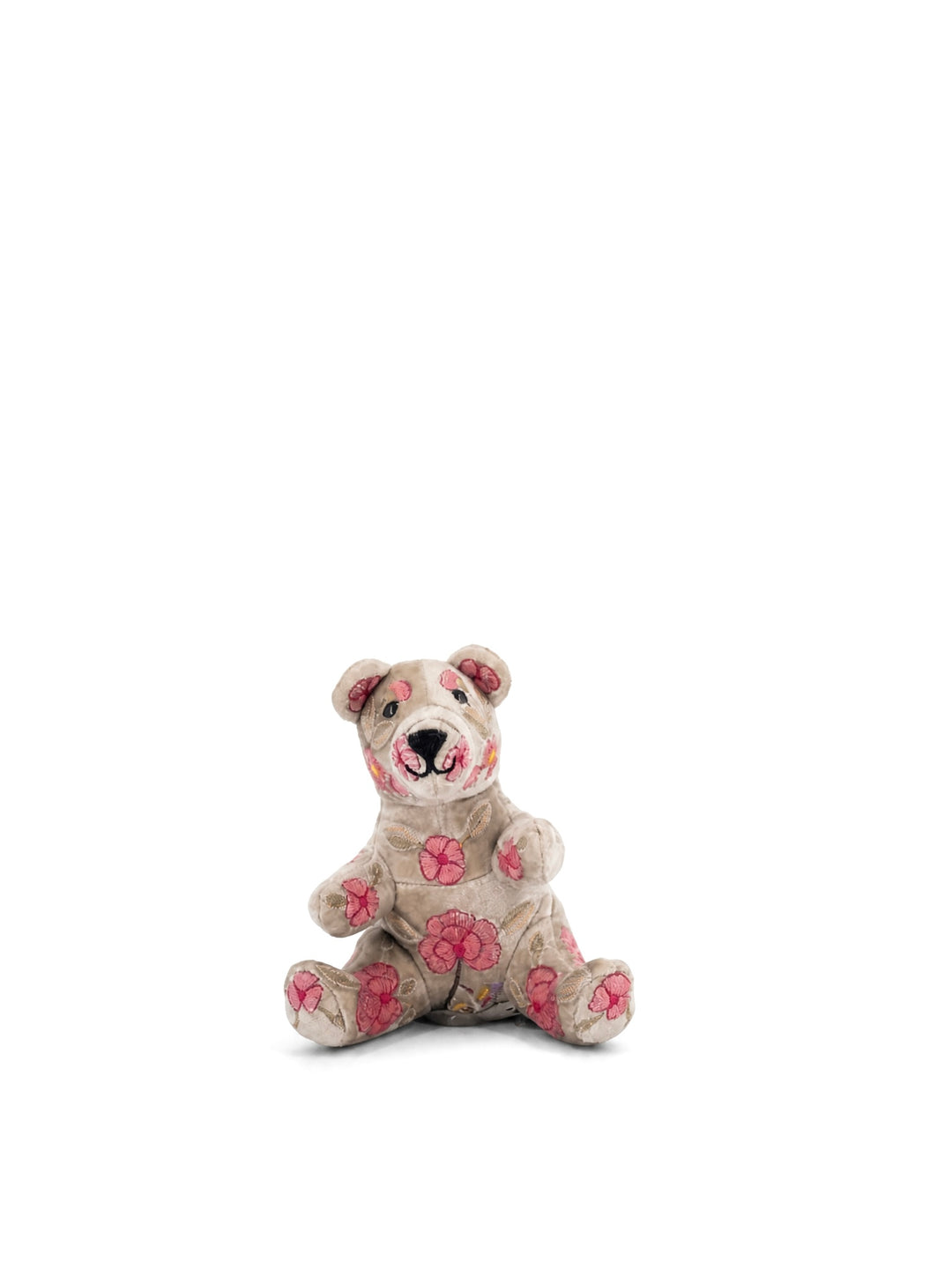 Anke Drechsel Deko-Teddybär klein aus Samt in Blaugrau mit floraler Stickerei in Rosa – Blumen Bahlmann München