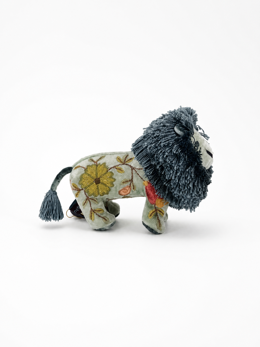 Anke Drechsel Deko-Löwe klein aus Samt in Blau mit floraler Stickerei in Gelb und Braun – Blumen Bahlmann München