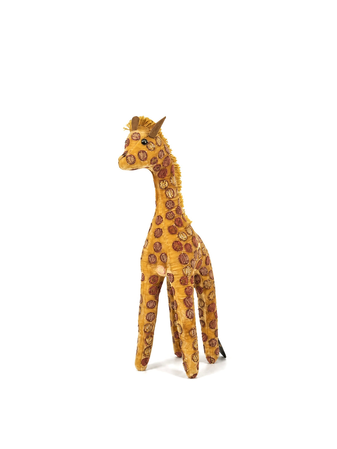Anke Drechsel Deko-Giraffe aus goldfarbenem Samt mit rundem Tupfenmuster in Bordeaux und Gold, Seitenansicht – Blumen Bahlmann München