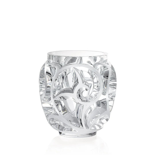 Lalique Tourbillons Vase aus klarem, glänzendem Kristall mit plastischem, spiralförmigem Farnrelief. Blumen Bahlmann München.
