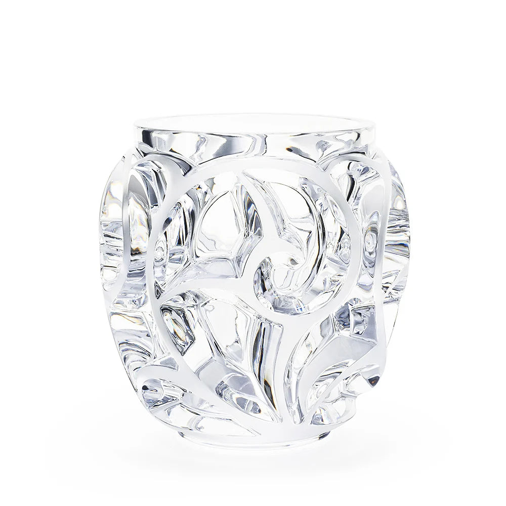Große Lalique Tourbillons Vase aus klarem Kristall mit kunstvoll geschwungenem Farnrelief. Blumen Bahlmann München.