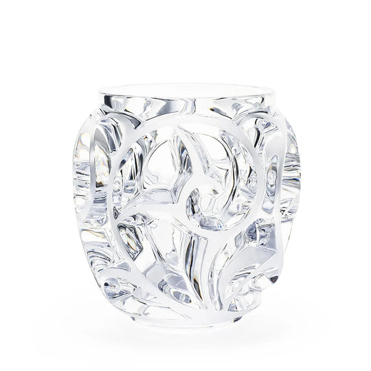 Große Lalique Tourbillons Vase aus klarem Kristall mit kunstvoll geschwungenem Farnrelief. Blumen Bahlmann München.