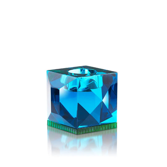 Moderner Teelichthalter Ophelia von Reflections Copenhagen aus hochwertigem Kristallglas in Azur, Grün – Blumen Bahlmann München