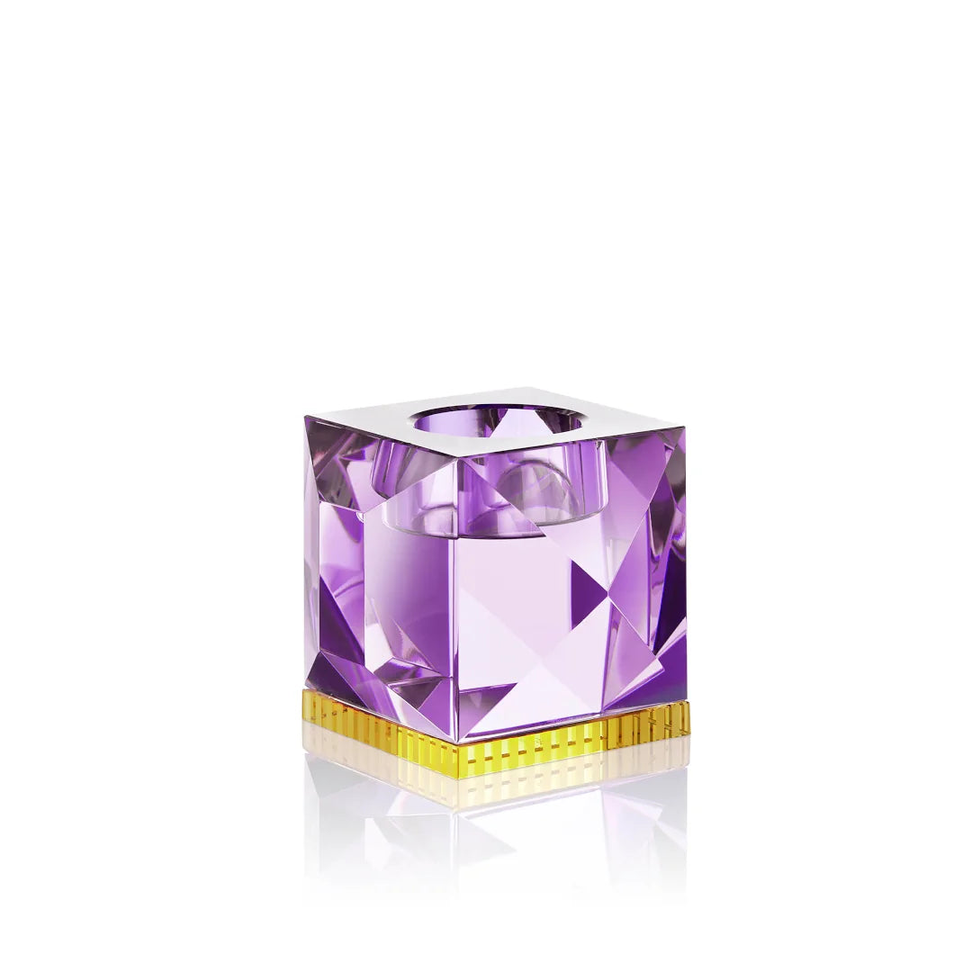 Moderner Teelichthalter Ophelia von Reflections Copenhagen aus hochwertigem Kristallglas in Lila, Gelb – Blumen Bahlmann München