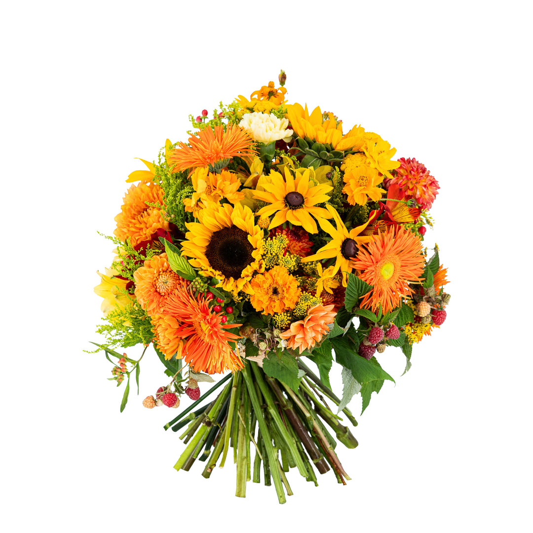 Dieser leuchtende Sommerstrauß strahlt durch die gebunden Sonnenblumen eine herzliche Wärme aus. Ein Blumenstrauß rund gebunden für jeden Anlass. Handarbeit von Blumen Bahlmann München