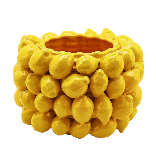 groer Zitronentopf aus Keramik in gelb Zitrone an Zitrone garbeitet als Übertopf oder Vase zu benutzen nur bei uns im Blumenladen Bahlmann im Zentrum von München